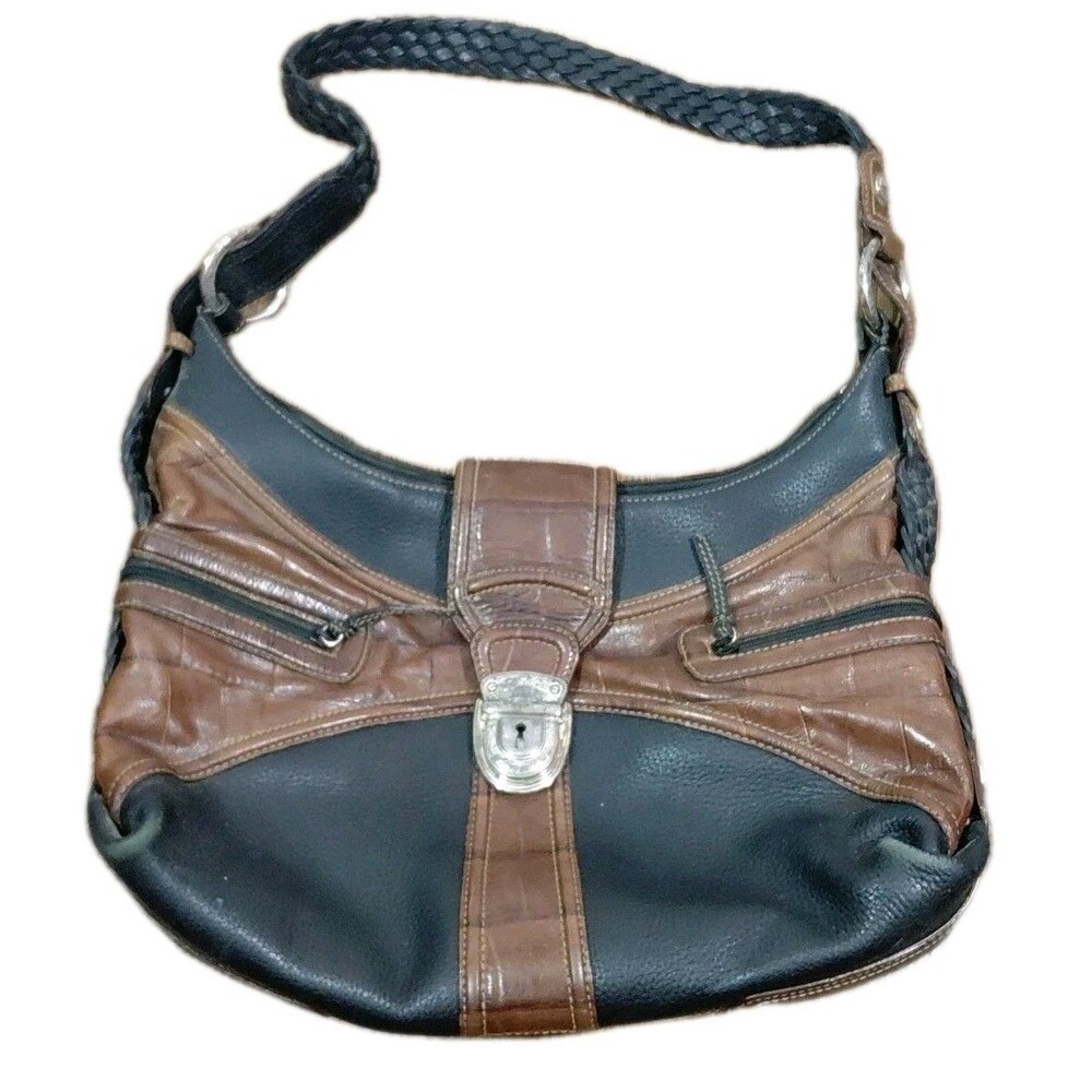 Vintage Brighton Brown Black Embossed  Leather Large Shoulder Bag Tote #D481496